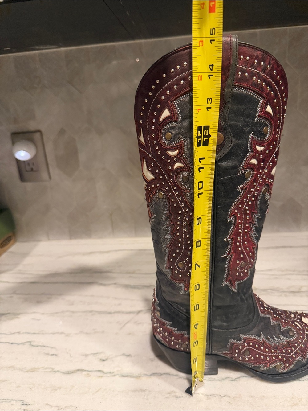 Women's Black and Burgundy Embellished Western Heeled Boots - Picture 8 of 11